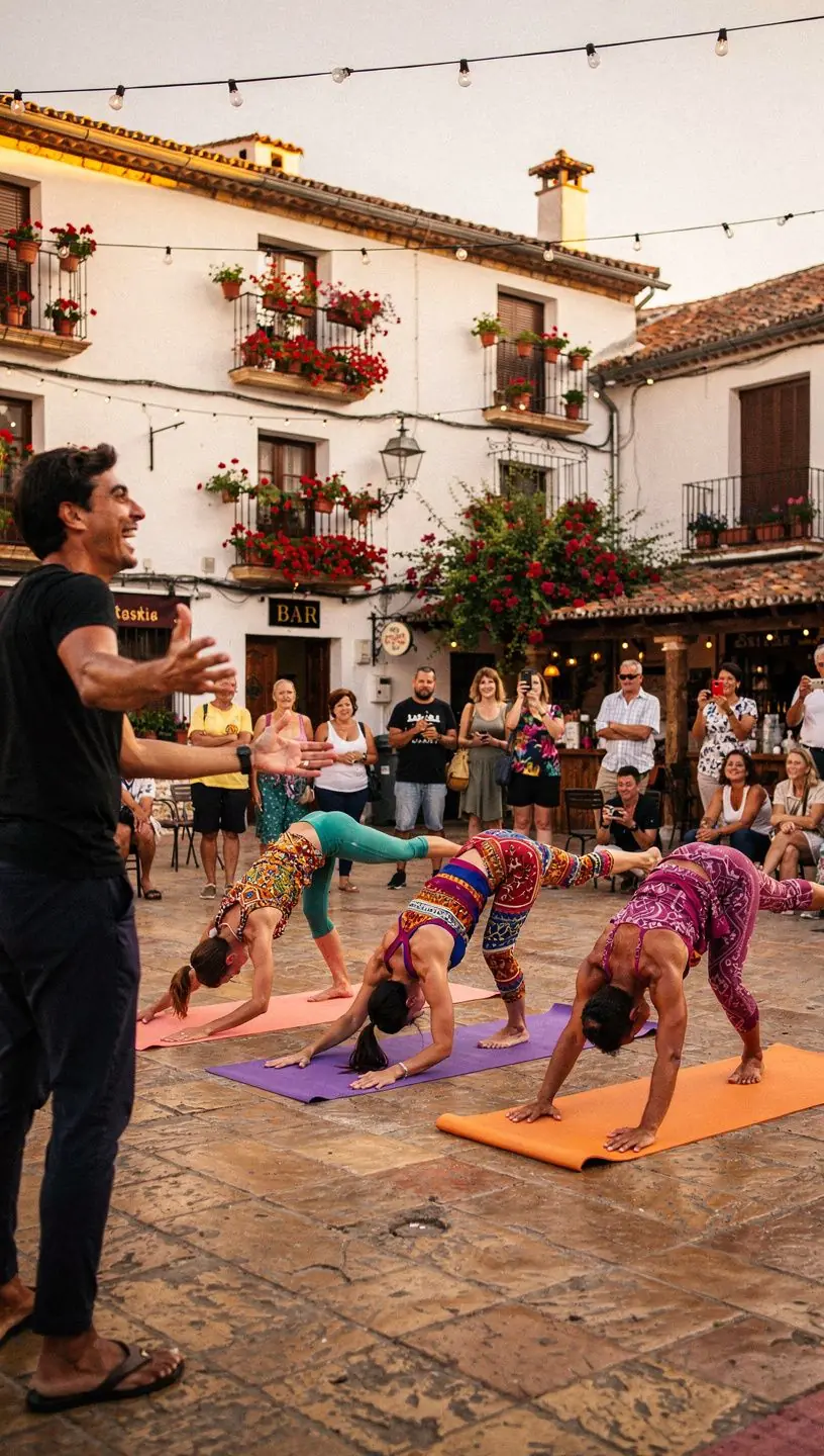 Grupo de estudiantes de yoga en una clase, trabajando en posturas de equilibrio que fortalecen la parte superior del cuerpo.