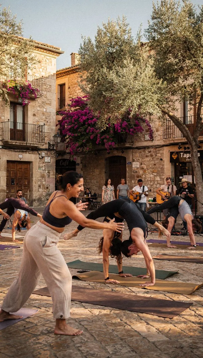 Vista de una sesión de yoga al aire libre, con participantes ejecutando diferentes posturas desafiantes que mejoran la fuerza y la estabilidad.