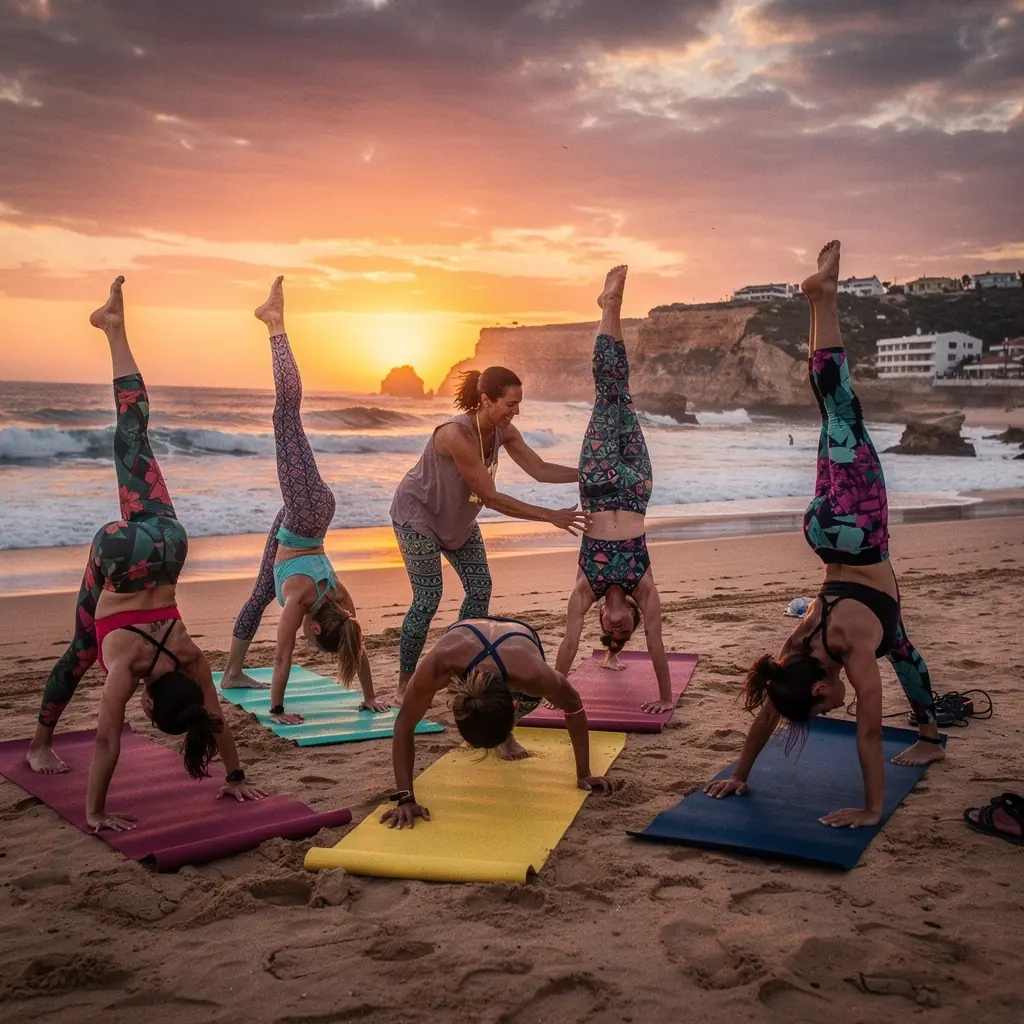 Grupo de estudiantes de yoga en una clase, trabajando en posturas de equilibrio que fortalecen la parte superior del cuerpo.