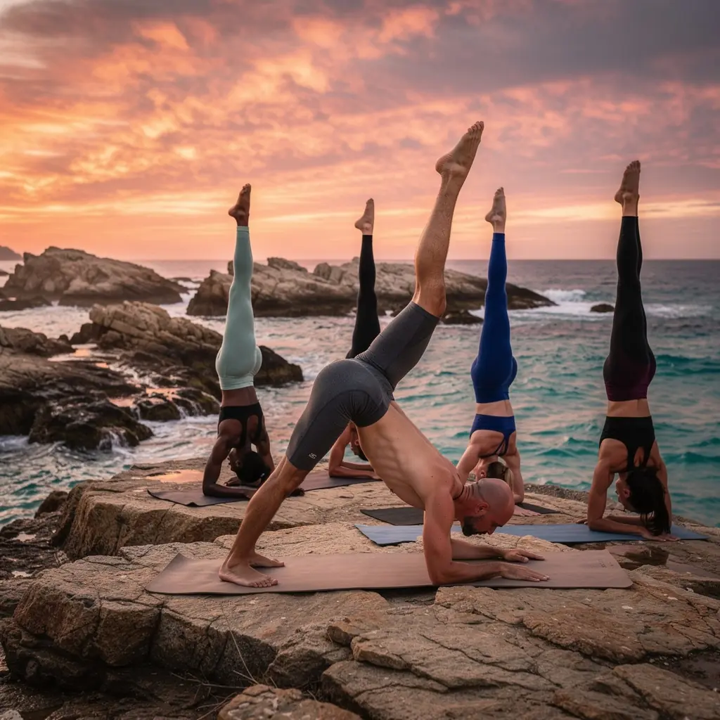 Practicante de yoga realizando una inversión avanzada en equilibrio sobre los brazos, con una postura de mano que destaca la fuerza del torso.