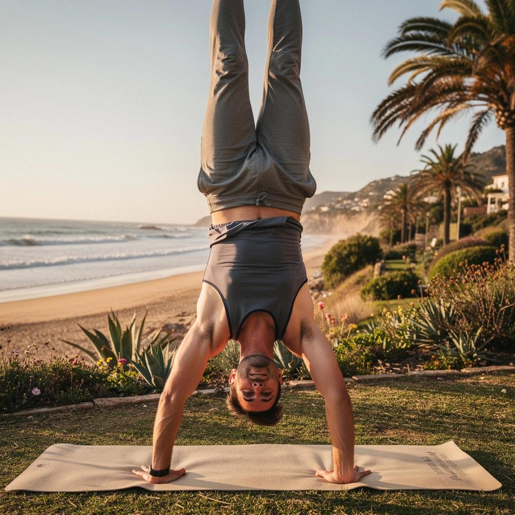 Inversión de yoga que demuestra control y fuerza, con el cuerpo alineado en posición vertical.