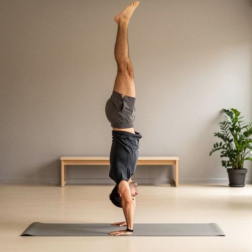 Vista lateral de un practicante de yoga sosteniendo una postura de mano, resaltando la técnica y la concentración.